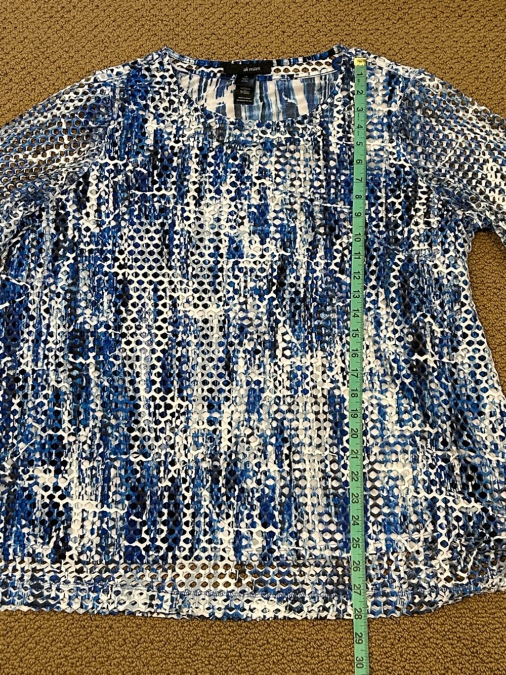 Ali Miles Blue White Abstract Mesh Overlay Tunic Top 1X Lagenlook Art to Wear - Picture 16 of 17